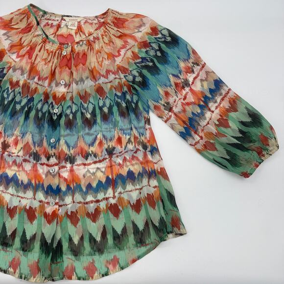 SUNDANCE Womens Silk Chiffon Sheer Blouse Size S Southwestern Print 3/4 Sleeve - Picture 4 of 8